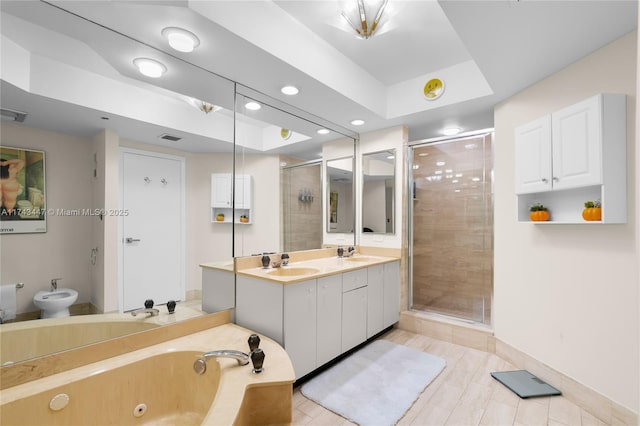 20281 E Country Club Dr Unit 403, Aventura, FL 33180 - bathroom featuring a stall shower, double vanity, a bidet, a tub with jets, and recessed lighting
