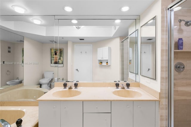 20281 E Country Club Dr Unit 403, Aventura, FL 33180 - full bathroom featuring toilet, double vanity, a tub with jets, and a stall shower