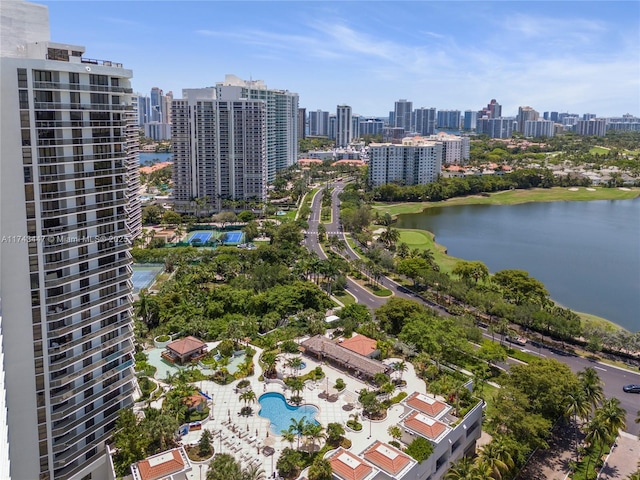 20281 E Country Club Dr Unit 403, Aventura, FL 33180 - aerial overview of property's location with a pool area, city skyline, and a nearby body of water
