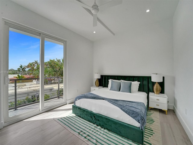 bedroom featuring ceiling fan, access to outside, and light wood-type flooring