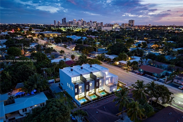 view of aerial view at dusk