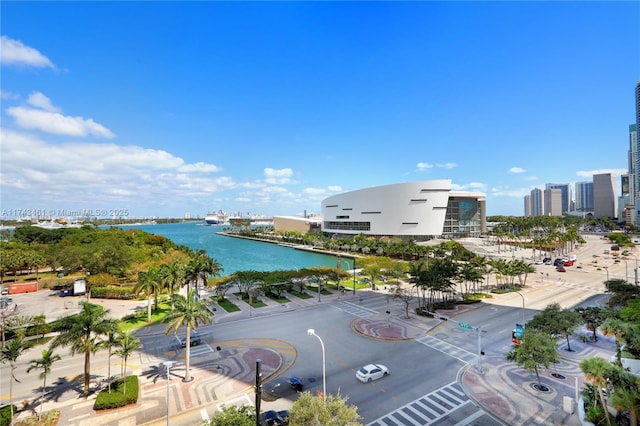 drone / aerial view featuring a water view