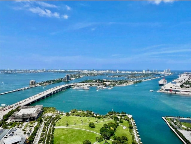 birds eye view of property featuring a water view