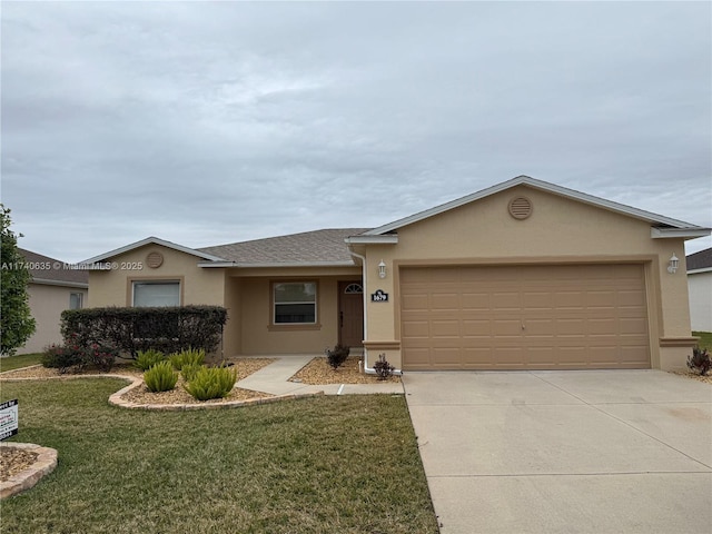 ranch-style home with stucco siding, a front lawn, driveway, a shingled roof, and a garage