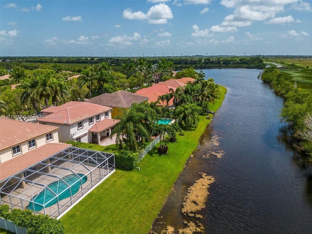 aerial view featuring a water view