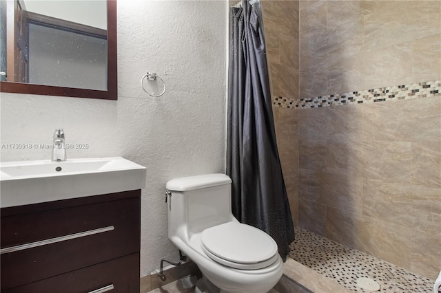 bathroom featuring vanity, curtained shower, and toilet