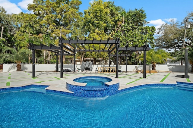 view of pool featuring a pergola, a patio area, and an in ground hot tub