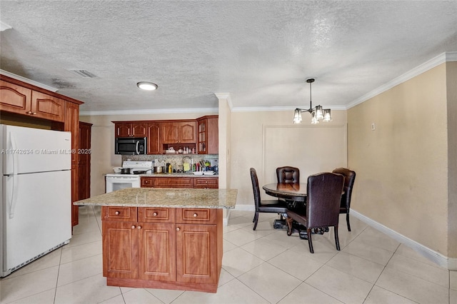 kitchen featuring white appliances, a center island, a sink, crown molding, and backsplash