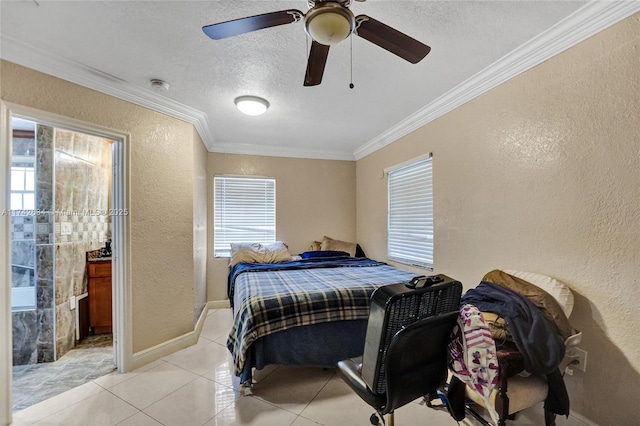 bedroom with crown molding, light tile patterned floors, a textured wall, ceiling fan, and a textured ceiling