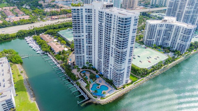 aerial view featuring a water view