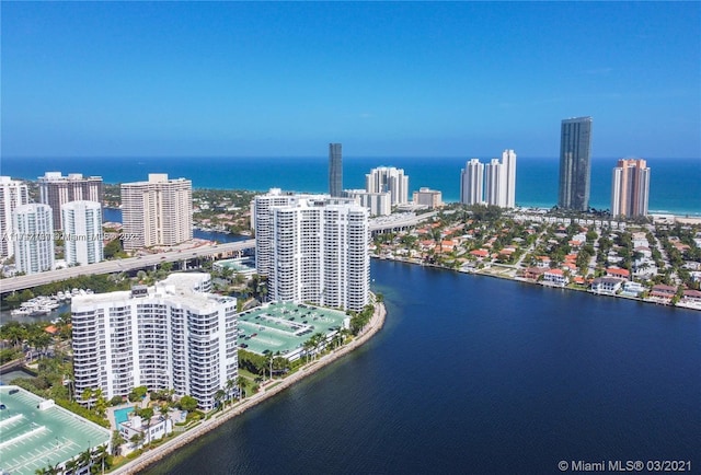 birds eye view of property with a water view