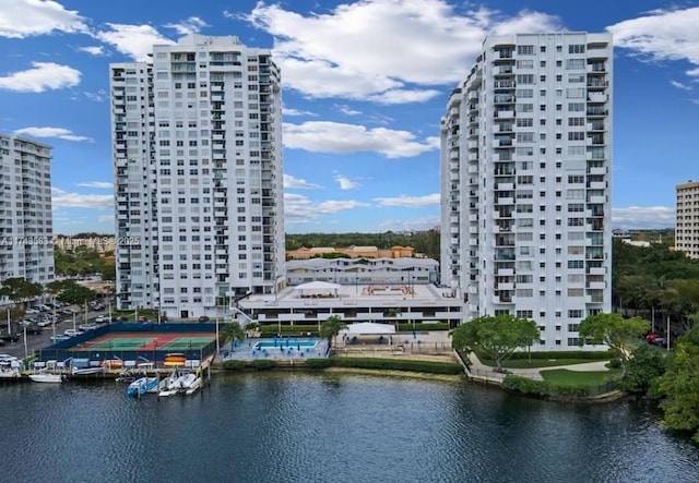 bird's eye view with a water view and a view of city