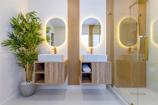 bathroom featuring vanity and a shower