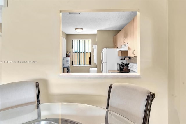 kitchen with white fridge, range, and a textured ceiling