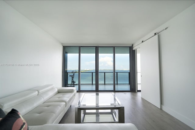 living room with a water view, expansive windows, and hardwood / wood-style flooring