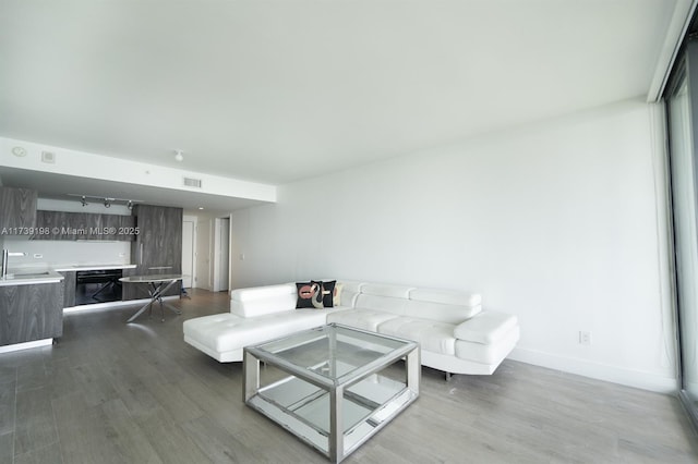 living room with hardwood / wood-style flooring and sink