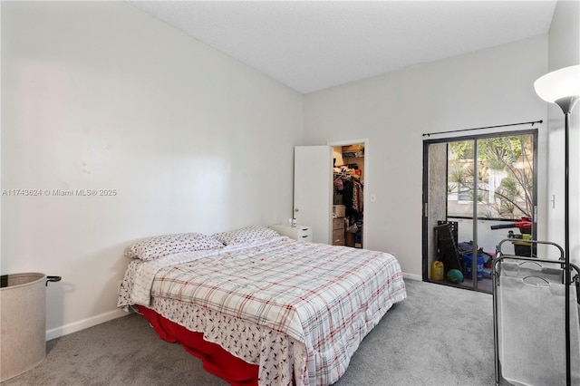 carpeted bedroom featuring a spacious closet, baseboards, and a closet