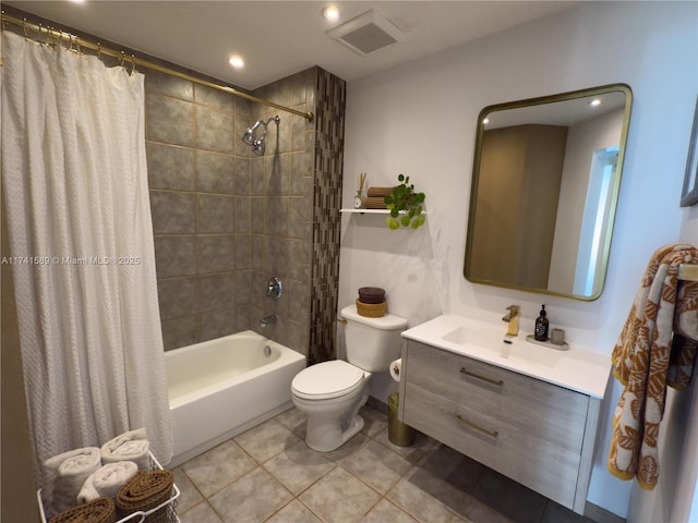 full bathroom with shower / bathtub combination with curtain, vanity, toilet, and tile patterned floors