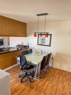 dining room featuring a textured ceiling and light wood-type flooring