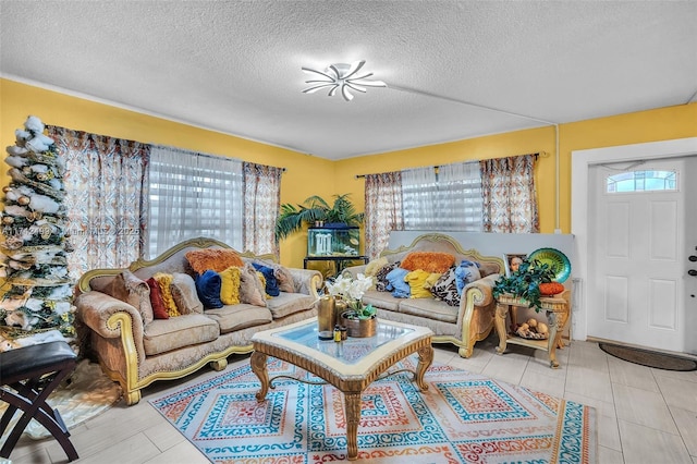 living room with a textured ceiling