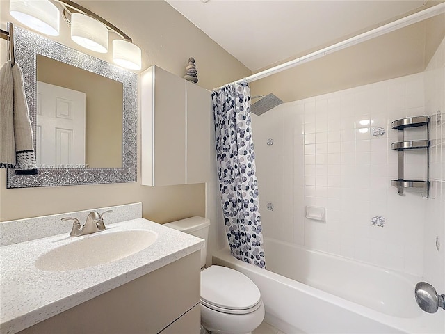 bathroom with shower / tub combo, toilet, and vanity