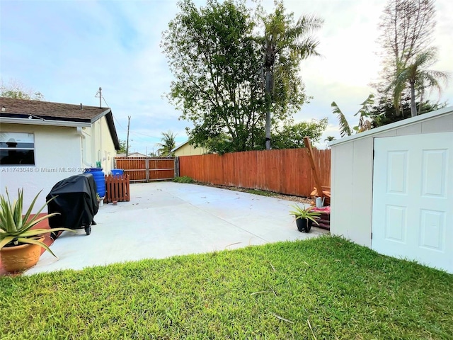view of yard featuring a shed, a patio, a fenced backyard, and an outdoor structure