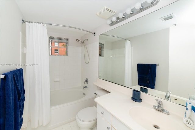 full bathroom with vanity, toilet, and shower / bath combo with shower curtain