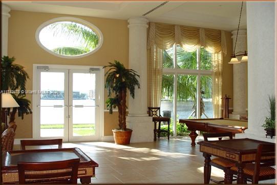 building lobby with a water view