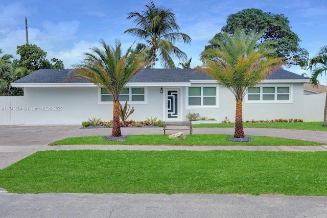 ranch-style home featuring a front lawn