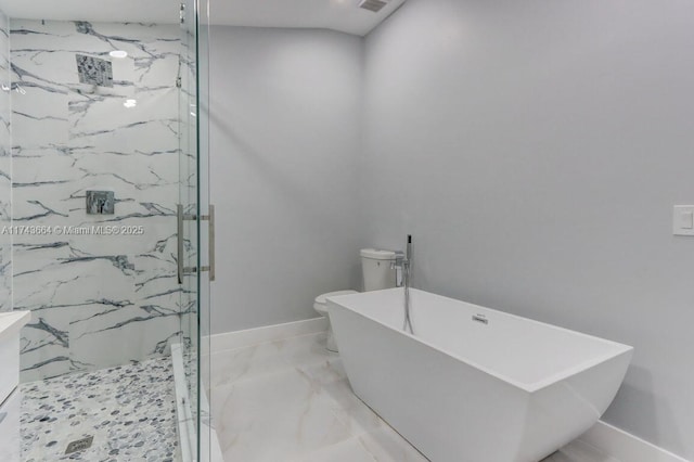 bathroom with shower with separate bathtub and toilet