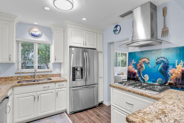 kitchen featuring a sink, white cabinetry, appliances with stainless steel finishes, ventilation hood, and wood tiled floor