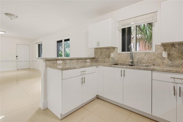 kitchen featuring sink, backsplash, kitchen peninsula, and white cabinets