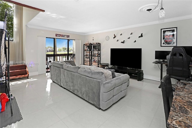 tiled living room featuring ornamental molding