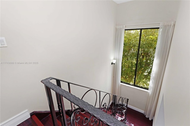 stairs featuring hardwood / wood-style floors