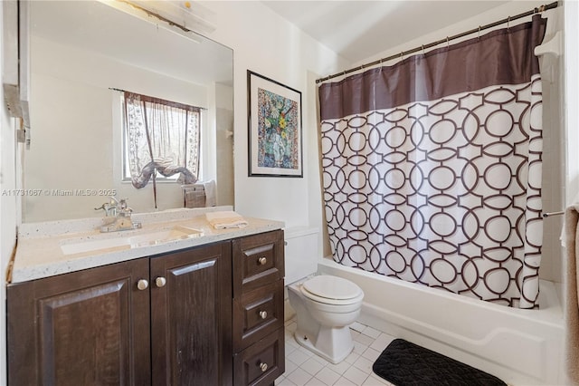 full bathroom featuring vanity, shower / tub combo, tile patterned floors, and toilet