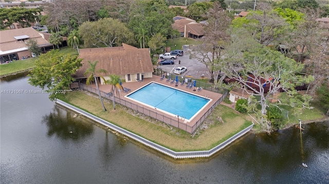 drone / aerial view with a water view