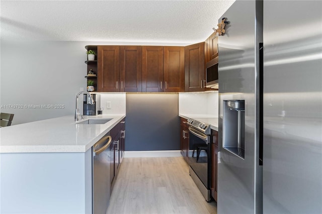 kitchen featuring sink, light hardwood / wood-style flooring, appliances with stainless steel finishes, a textured ceiling, and kitchen peninsula