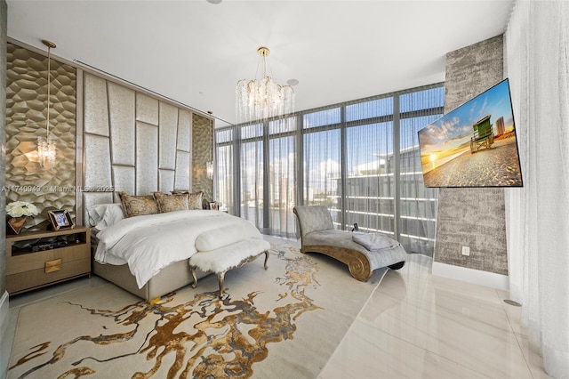 5000 Island Estates Dr Unit Ph1508, Aventura, FL 33160 - bedroom featuring a chandelier and a wall of windows