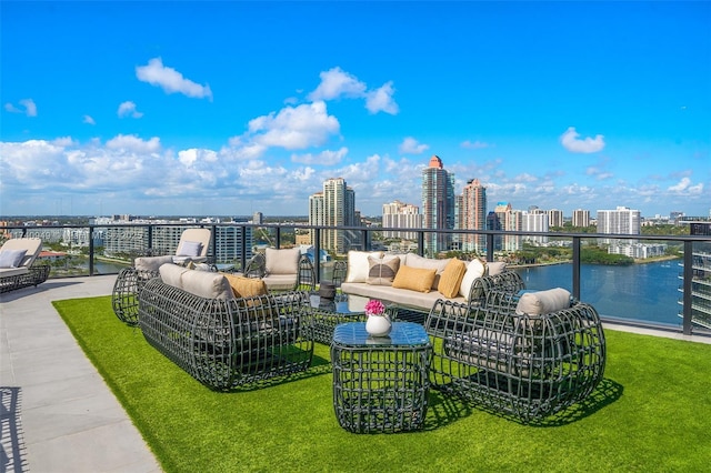 5000 Island Estates Dr Unit Ph1508, Aventura, FL 33160 - view of patio / terrace featuring an outdoor living space, a water view, and a city view