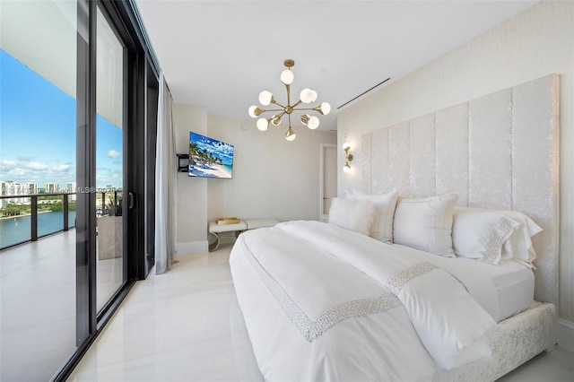 5000 Island Estates Dr Unit Ph1508, Aventura, FL 33160 - bedroom with a chandelier, expansive windows, light tile patterned floors, and baseboards