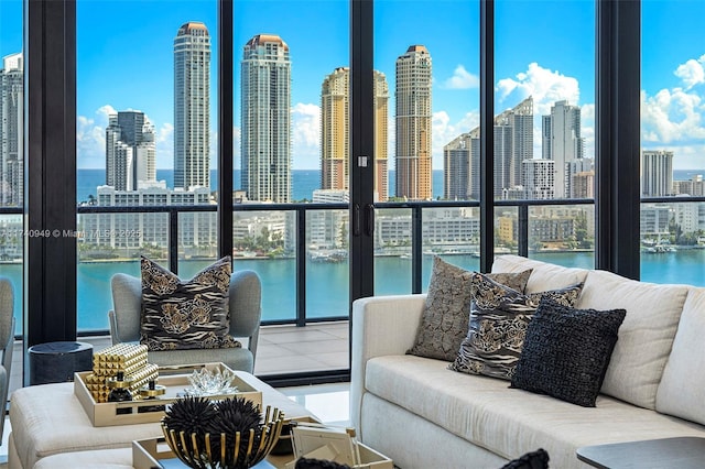 5000 Island Estates Dr Unit Ph1508, Aventura, FL 33160 - living room with a skyline view and a water view