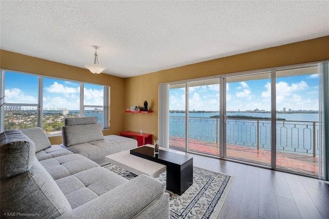 living room featuring wood-type flooring, a water view, a healthy amount of sunlight, and a textured ceiling