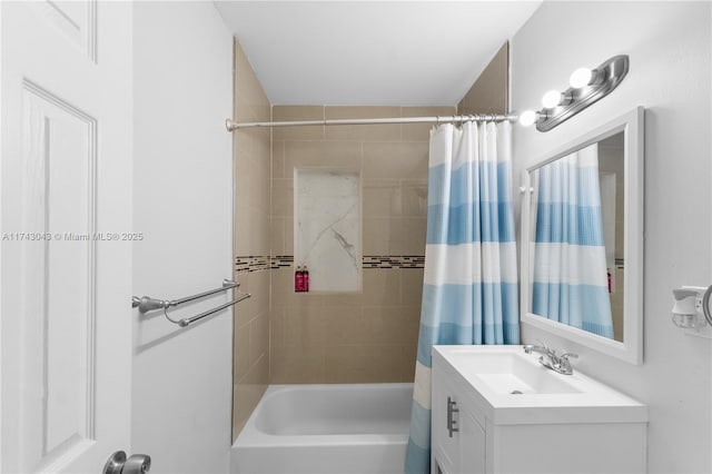 bathroom with vanity and shower / bath combo with shower curtain