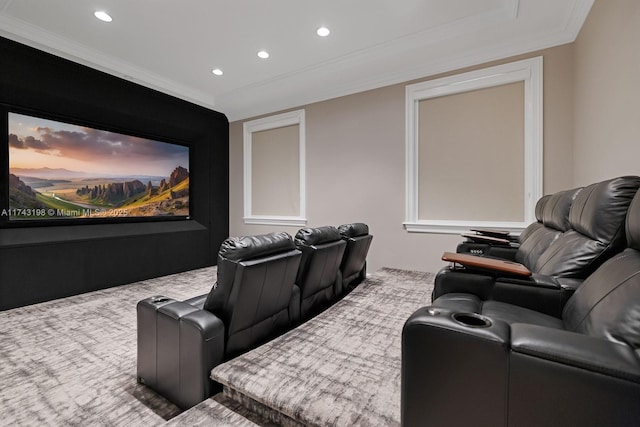 home theater room featuring ornamental molding