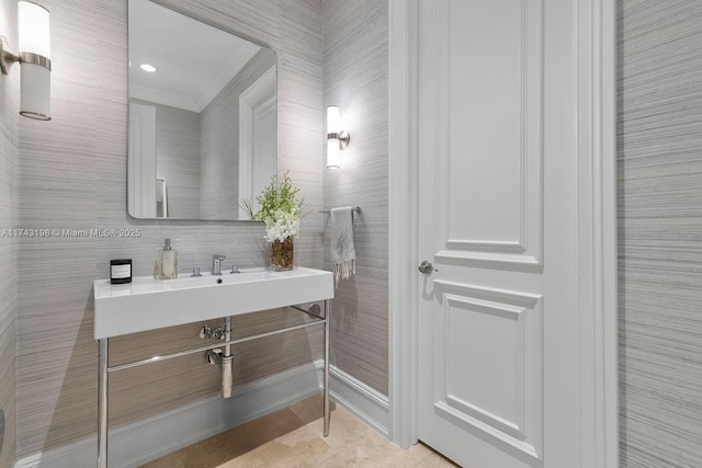 bathroom with crown molding, tile patterned flooring, and tile walls