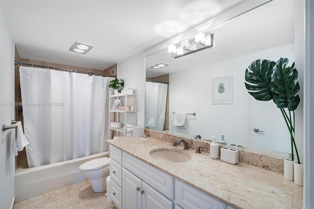 full bathroom with vanity, toilet, and shower / bathtub combination with curtain