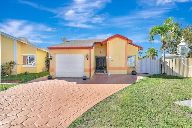 view of front of home with a garage and a front lawn