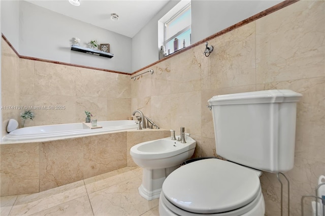 bathroom with a bidet, a relaxing tiled tub, tile walls, and toilet