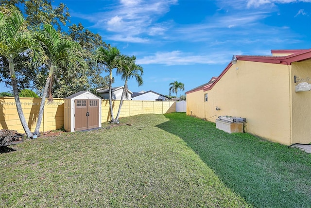 view of yard featuring a storage shed