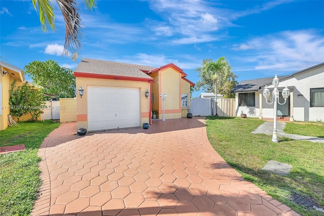 ranch-style home featuring a garage and a front lawn